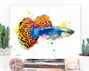 Guppy, Rainbow fish watercolor painting print by Slaveika Aladjova, art, animal, illustration, Sea art, sea life art, home decor, Wall art