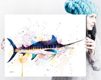 Atlantic blue marlin watercolor painting print by Slaveika Aladjova, art, animal, illustration, Sea art, sea life art, home decor, Wall art