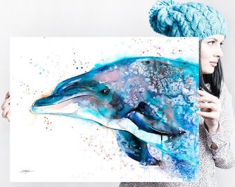 Dolphin watercolor painting print by Slaveika Aladjova, art, animal, illustration, Sea art, sea life art, nautical, ocean art, wall art