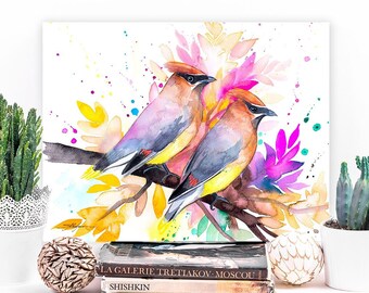 Cedar Waxwings watercolor painting print by Slaveika Aladjova, art, animal, illustration, bird, home decor, wall art, gift, portrait, Flower