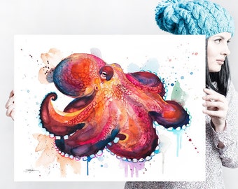 Coconut Octopus, Amphioctopus marginatus watercolor painting print by Slaveika Aladjova, art, animal, illustration, Sea art, sea life art