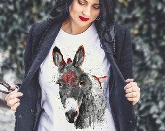 Black and white Donkey T-shirt, Donkey watercolor ladies' T-shirt, women's tees, Teen Clothing, Girls' Clothing, ring spun Cotton 100%,