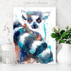 Ring-tailed lemur watercolor painting print by Slaveika Aladjova, art, animal, illustration, home decor, wall art, portrait, Contemporary