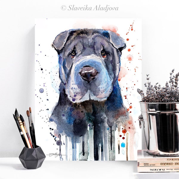Shar Pei watercolor painting print by Slaveika Aladjova, animal, illustration, home decor, Nursery, Contemporary, dog art, wall art