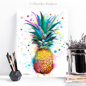 Pineapple watercolor painting print by Slaveika Aladjova, art, illustration, home decor, Contemporary, Kitchen Decor, Modern, Botanical