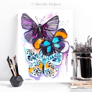 Blue and Purple Butterfly watercolor painting print by Slaveika Aladjova, art, animal, illustration, home decor, Nursery, wall art,