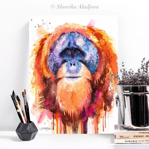 Tapanuli orangutan watercolor painting print by Slaveika Aladjova, art, animal, illustration, home decor, Nursery, Wildlife, monkey