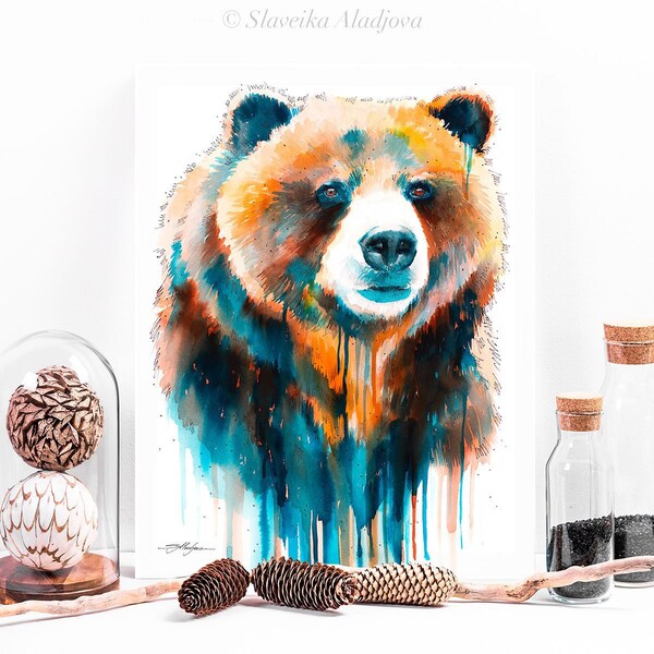 Grizzly bear watercolor painting print  by Slaveika Aladjova, art, animal, illustration, home decor, Nursery, gift, Wildlife, wall art