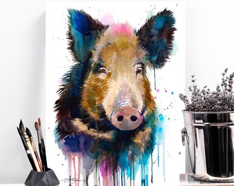 Wild boar watercolor painting print by Slaveika Aladjova, art, animal, illustration, home decor, Nursery, gift, goat, farm, wall art,