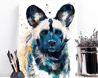 Wild Dog watercolor painting print by Slaveika Aladjova, art, animal, illustration, home decor, Nursery, Wildlife, wall art, Contemporary