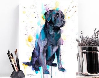 Black Labrador watercolor painting print by Slaveika Aladjova, animal, illustration, home decor, Nursery, Contemporary, dog art, wall art
