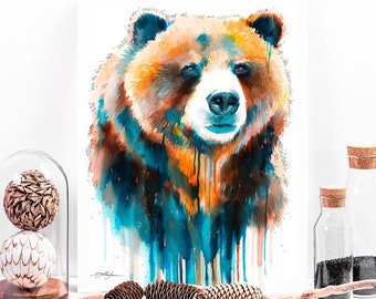 Grizzly bear watercolor painting print  by Slaveika Aladjova, art, animal, illustration, home decor, Nursery, gift, Wildlife, wall art