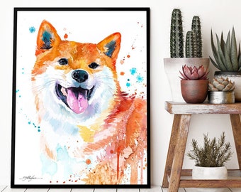 Red Shiba Inu watercolor framed canvas by Slaveika Aladjova, Limited edition, art, animal watercolor, animal illustration, extra large print