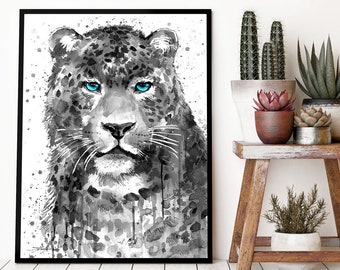 Black and white Panther Leopard Jaguarwatercolor framed canvas by Slaveika Aladjova, Limited edition, animal watercolor, animal illustration