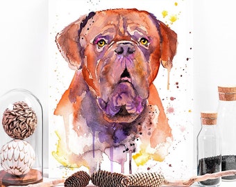 Dogue de Bordeaux, Bordeaux Mastiff, French Mastiff watercolor painting printby Slaveika Aladjova, dog, animal, illustration, home decor,