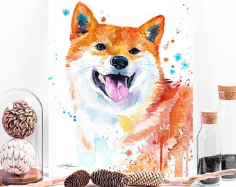 Red Shiba Inu watercolor painting print by Slaveika Aladjova, animal art, illustration,wall art, home decor, Giclee Print, portrait, dog