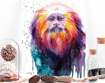 Golden lion tamarin watercolor painting print by Slaveika Aladjova, art, animal, illustration, home decor,Nursery, gift, African, Wildlife