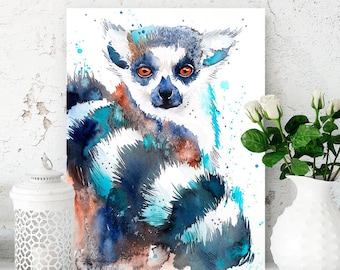 Ring-tailed lemur watercolor painting print by Slaveika Aladjova, art, animal, illustration, home decor, wall art, portrait, Contemporary