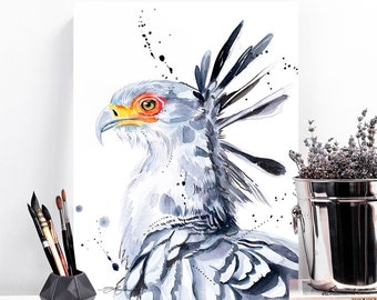 Secretary bird watercolor painting print by Slaveika Aladjova, art, animal, illustration, bird, home decor, wall art, gift, Wildlife