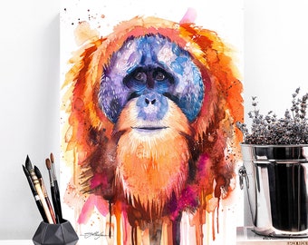 Tapanuli orangutan watercolor painting print by Slaveika Aladjova, art, animal, illustration, home decor, Nursery, Wildlife, monkey