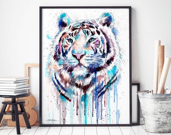 White Tiger watercolor framed canvas by Slaveika Aladjova, Limited edition, art, animal watercolor, animal illustration,bird art