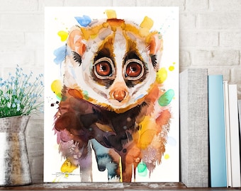 Slow loris watercolor painting print by Slaveika Aladjova, art, animal, illustration, home decor, wall art, portrait, Contemporary