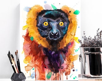 Red ruffed lemur watercolor painting print by Slaveika Aladjova, art, animal, illustration, home decor, wall art, portrait, Contemporary