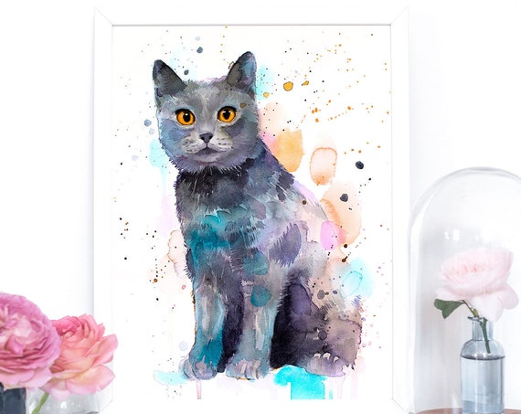 Chartreux watercolor painting print by Slaveika Aladjova, art, animal, illustration, home decor, Nursery, gift, Wildlife, wall art, cat art