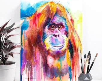 Orangutan watercolor painting print by Slaveika Aladjova, art, animal, illustration, bird, home decor, Nursery, gift, Wildlife, monkey