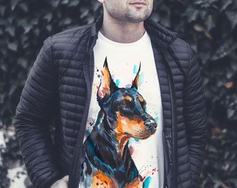 Doberman T-shirt, Unisex T-shirt, watercolor print T-shirt, T shirt art, T shirt animal, Available in XS, S, M, L, XL, XXL