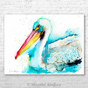 American White Pelican watercolor painting print by Slaveika Aladjova, art, animal, illustration, bird, home decor, wall art, gift