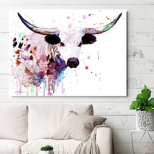 Longhorn watercolor painting print by Slaveika Aladjova, animal art, illustration,wall art, home decor, gift, Giclee Print, Cow, farm