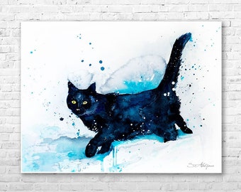 Black Cat watercolor painting print by Slaveika Aladjova, art, animal, illustration, home decor, wall art, gift, Wildlife, Contemporary