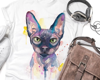 Sphynx cat T-shirt, Unisex T-shirt, ring spun Cotton 100%, watercolor print T-shirt, T shirt art, T shirt animal,XS, S, M, L, XL,