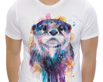 Otter T-shirt, Unisex T-shirt, ring spun Cotton 100%, watercolor print T-shirt, T shirt art, T shirt animal, XS, S, M, L, XL