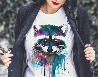 Raccoon watercolor ladies' T-shirt, women's tees, Teen Clothing, Girls' Clothing, ring spun Cotton 100%, watercolor print T-shirt, art