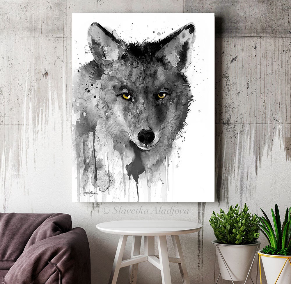 Black and white Coyote watercolor painting print by Slaveika | Etsy