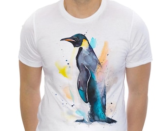 Emperor penguin Watercolor T-Shirt, Kids, Women’s & Men’s Sizes. Unique t-shirt  with a rare penguin species in vibrant colors