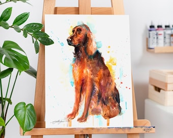 Irländsk setterhund i begränsad upplaga, akvarellkonsttryck av Slaveika Aladjova, djur, illustration, målning, samtida, hundkonst, väggkonst