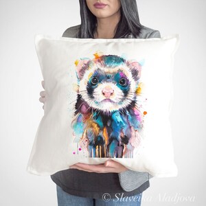 Funda de cojín de hurón, almohada de tiro de animal, Funda de cojín decorativo, idea de regalo para amantes de los animales, almohada de acuarela, estampado lindo, estampado decorativo