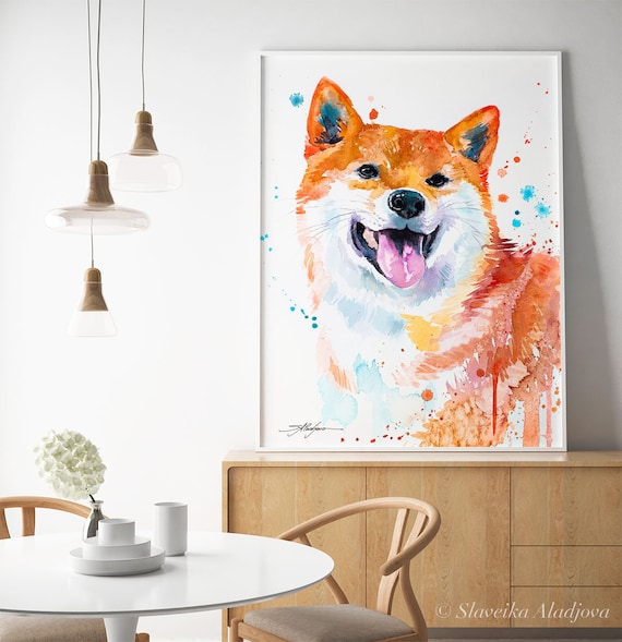 スラヴェイカ・アラジョヴァ作「赤い柴犬」限定版水彩画アートプリント