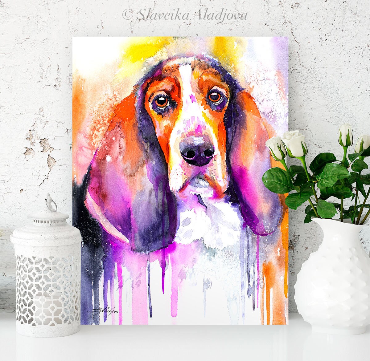 Basset Dog Watercolor Painting Print by Slaveika Aladjova | Etsy