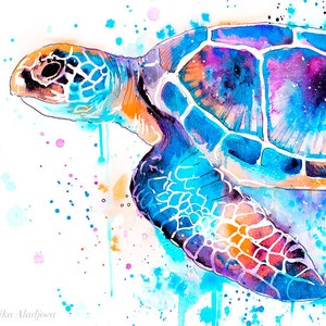 Blauwe zeeschildpad aquarel schilderij afdrukken door Slaveika Aladjova, kunst, dier, illustratie, zeekunst, zeeleven kunst, home decor, kunst aan de muur afbeelding 2