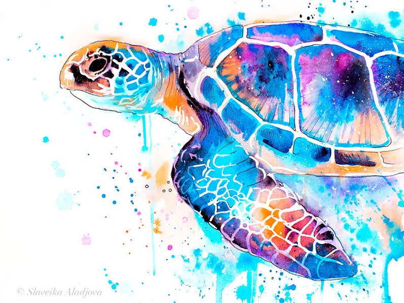 Blauwe zeeschildpad aquarel schilderij afdrukken door Slaveika Aladjova, kunst, dier, illustratie, zeekunst, zeeleven kunst, home decor, kunst aan de muur afbeelding 2