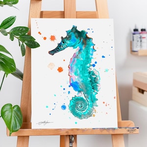 Blue Seahorse Limited Edition Watercolor Art Print by Slaveika Aladjova, animal, illustration, Sea art, sea life art, nautical, ocean art