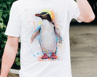 Yellow-Eyed Penguin Watercolor T-Shirt – Kids, Women’s & Men’s Sizes. Unique t-shirt  with a rare penguin species in vibrant colors