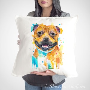 Staffordshire Bull Terrier, funda de almohada de perro de Slaveika Aladjova, funda de cojín, funda de almohada decorativa, arte animal, almohada de acuarela