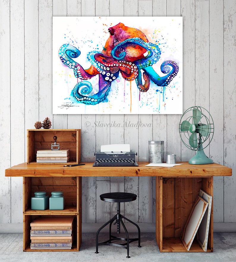 Octopus watercolor painting print by Slaveika Aladjova, art, animal, illustration, Sea art, sea life art, home decor, extra large print image 3