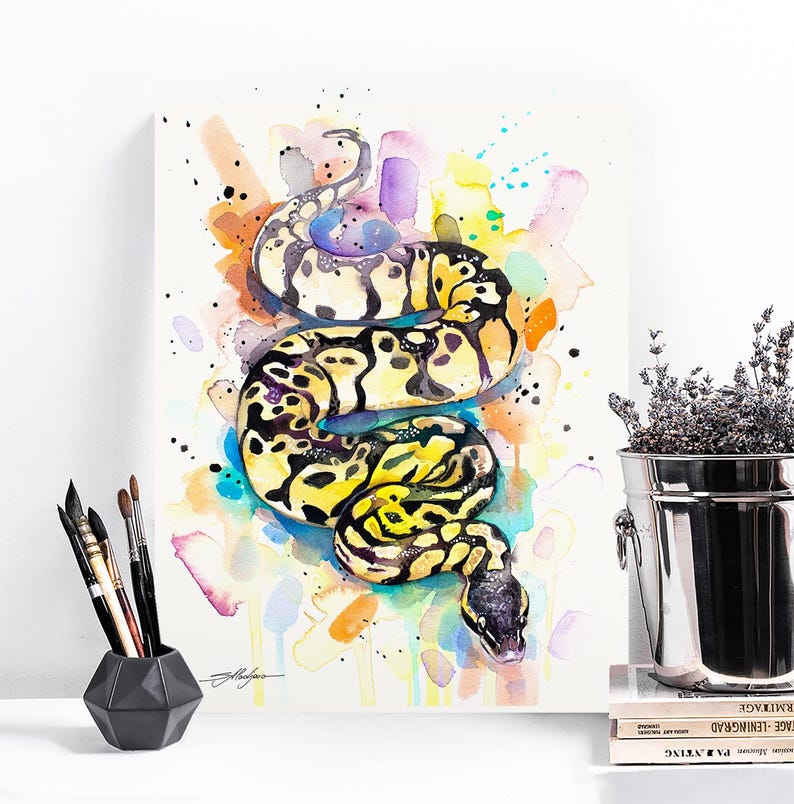 Op de afbeelding: Waterverf schilderij van een gele en zwarte slang met een kleurrijke achtergrond. De slang is opgerold in een spiraalvorm. De achtergrond is een mix van felle kleuren, waaronder roze, blauw, groen en geel.