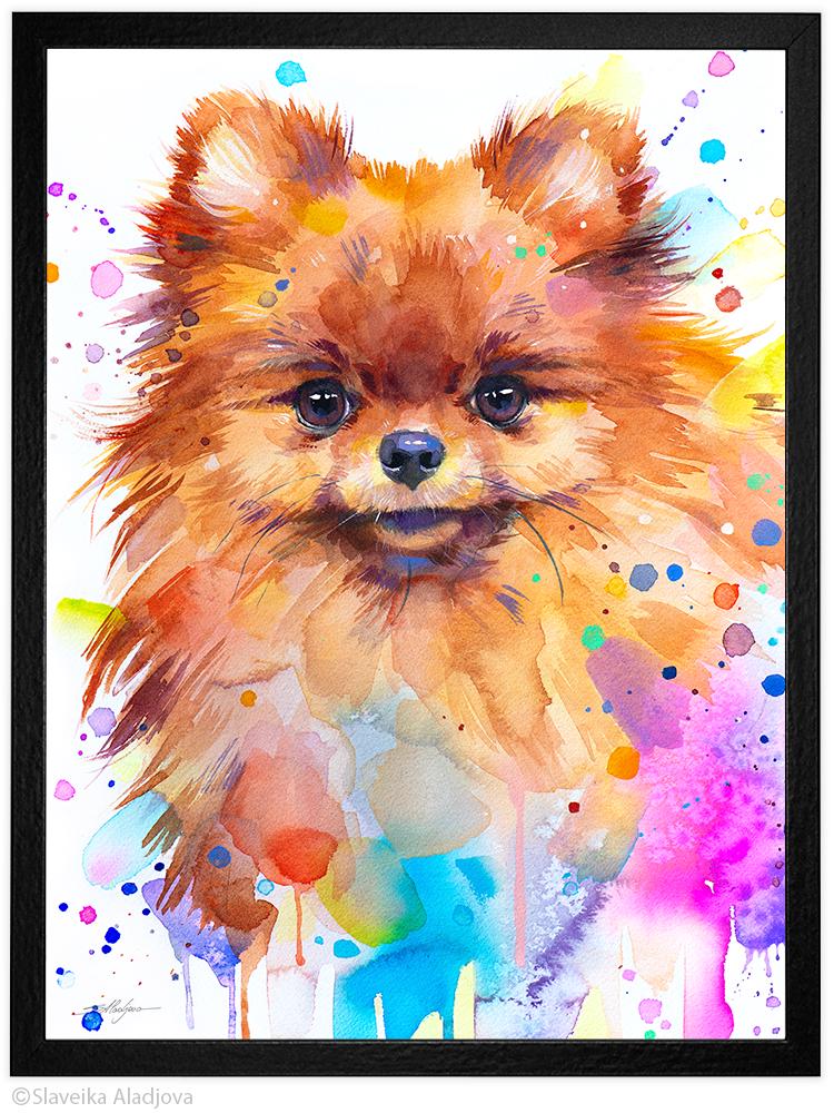 スラヴェイカ・アラジョヴァ作「ポメラニアン犬」限定版水彩画アート